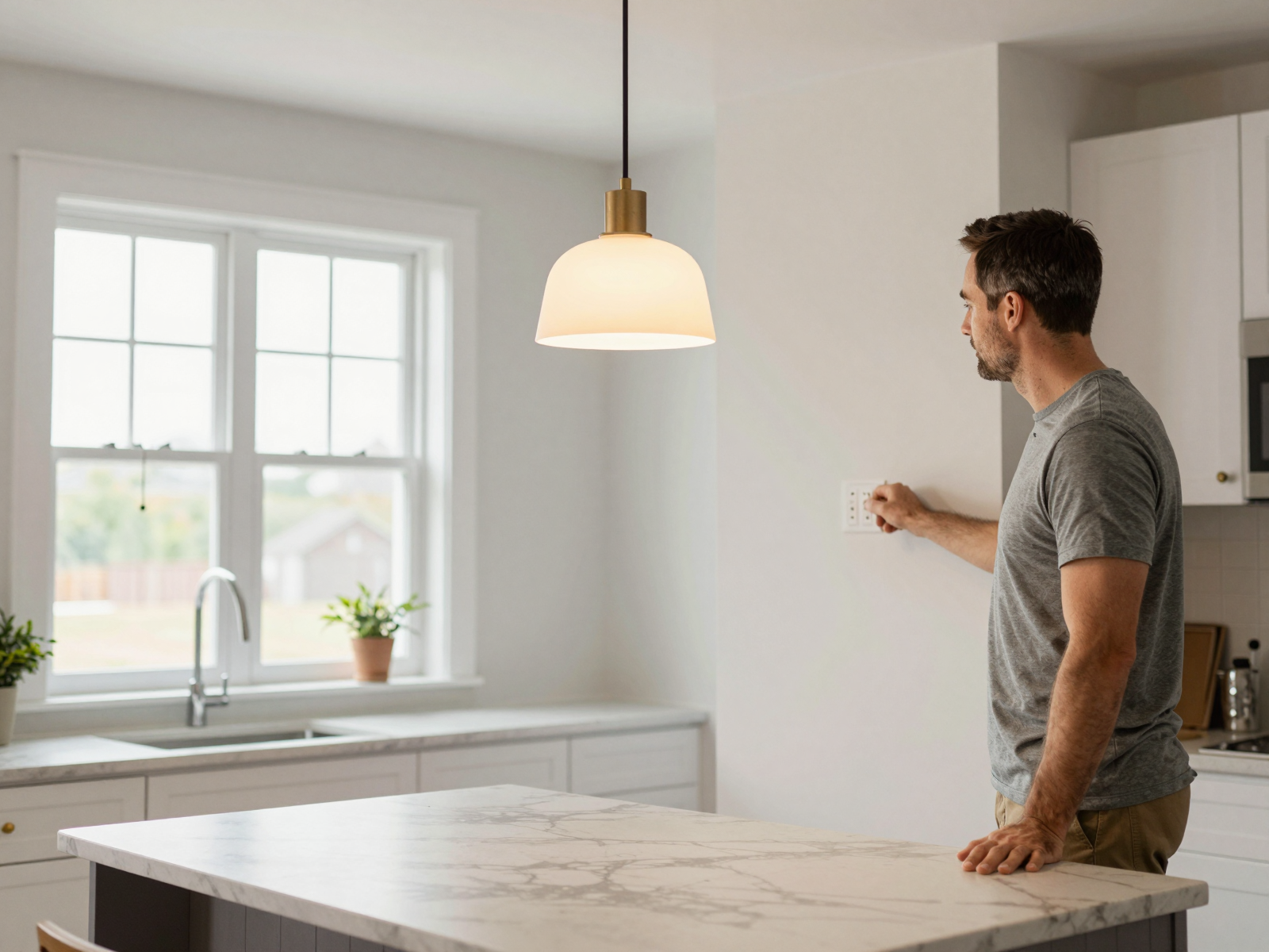 Completed residential electrical upgrade with modern lighting fixture